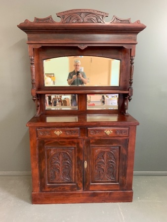 Antique Edwardian Mirrored Back Sideboard with Carved Doors and Bevelled Glass