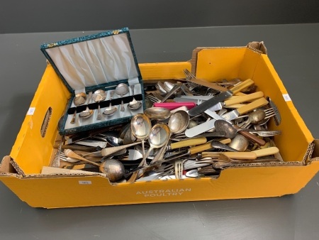 Large Asstd Box of Cutlery inc Bone Handles & Silver Plate