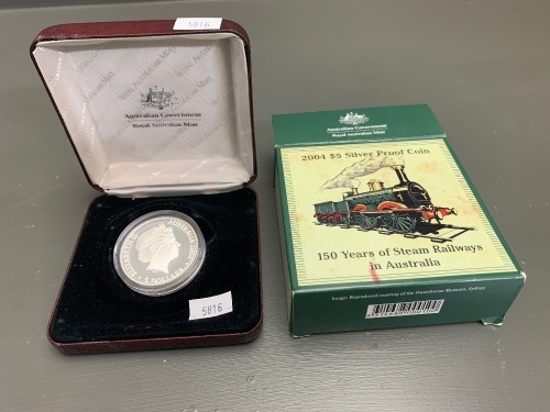 2004 $5 Silver Proof Coin from Royal Australian Mint - 150 Years of Steam Railways in Australia - MIB