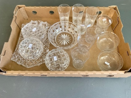 Box Lot of Asstd Vintage Glass & Crystal inc. Tumblers, Bedroom Set Etc