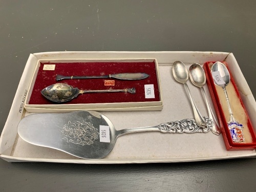 Asstd Lot of Stg. Silver Spoons x 3, Boxed Knife & Spoon + Euro Silver Cake Slice