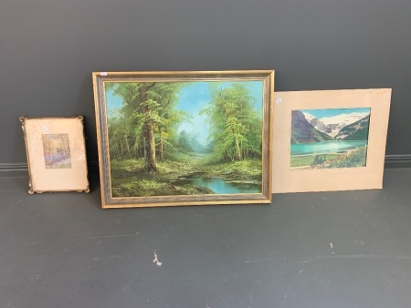 Large Framed Oil on Board + Small Gilt Framed Print + Vintage Hand Coloured Photo