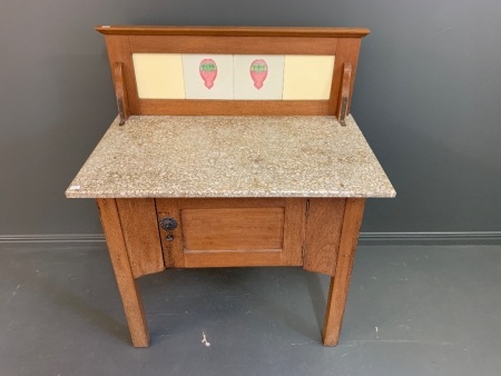 Small Antique Marble Topped Oak Washstand with Tiled Splashback and Single Door