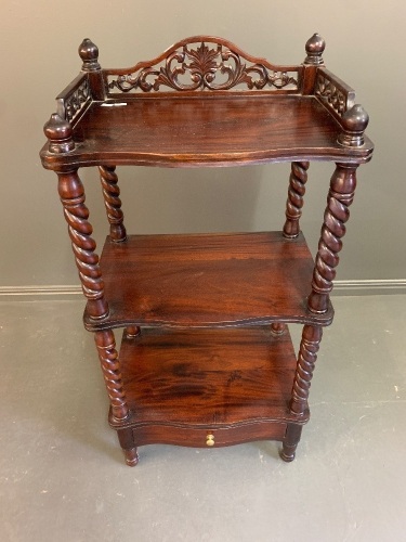 Quality Contemporary 3 Tier Mahogany Whatnot with Carved Frieze & Barly Twist Supports