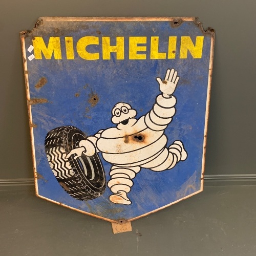 Original 2 Sided Michelin Enamel Chevron Hanging Sign - As Is