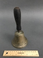 Small Vintage Bell Bronze School Bell with Original Timber Handle