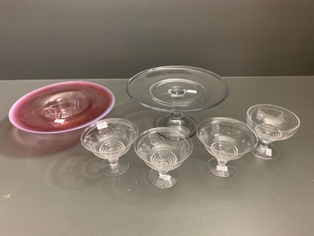 4 x Stuart Crystal Comports + Glass Tazza & Vintage Pink Glass Bowl