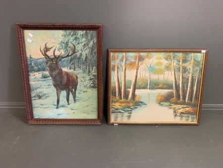 Vintage Framed Deer Print + Framed Oil on Board