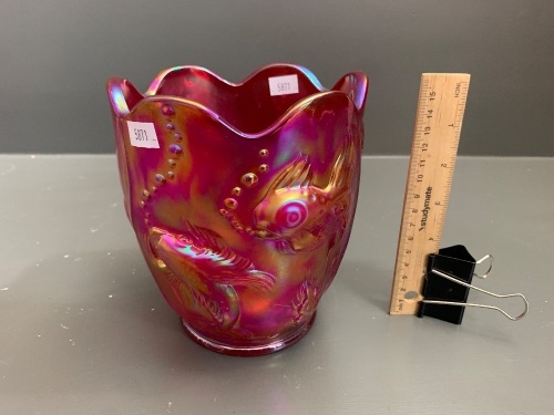 Fenton Irridescent Pink Glass Vase with Fish Design in Relief