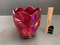 Fenton Irridescent Pink Glass Vase with Fish Design in Relief - 2