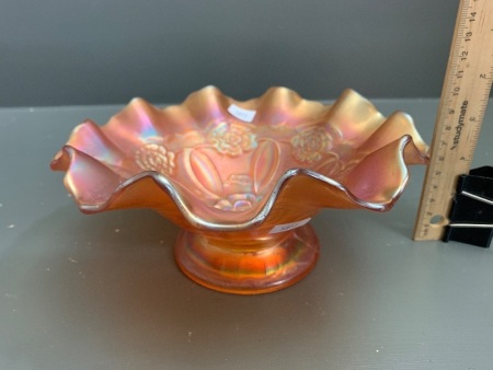 Vintage Marigold Carnival Glass Bowl with Ruffled Edge and Floral Design