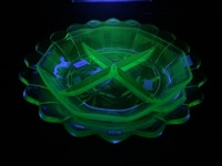 Scallop Edged Uranium Glass Bowl + Patterned Uranium Nibbles Dish As Is - 5