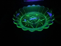 Scallop Edged Uranium Glass Bowl + Patterned Uranium Nibbles Dish As Is - 3