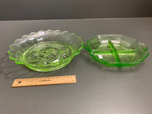 Scallop Edged Uranium Glass Bowl + Patterned Uranium Nibbles Dish As Is