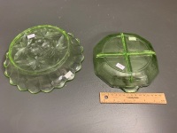 Scallop Edged Uranium Glass Bowl + Patterned Uranium Nibbles Dish As Is - 4