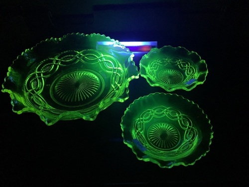 Uranium Glass Fruit Bowl + 2 Matching Smaller Bowls