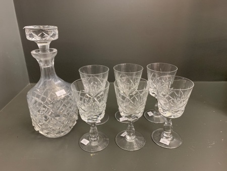 Vintage Crystal Spirit Decanter + 6 Crystal Goblets