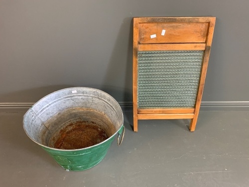 Galvanised Wash Tub + Vintage Timber & Glass Washboard
