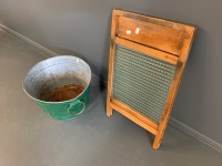 Galvanised Wash Tub + Vintage Timber & Glass Washboard - 2