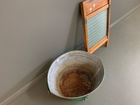 Galvanised Wash Tub + Vintage Timber & Glass Washboard - 3