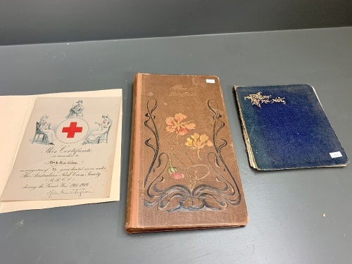 1914-18 Red Cross Certificate, Forget Me Not Early 1900's Autograph Book + Art Nouveau Postcard Album