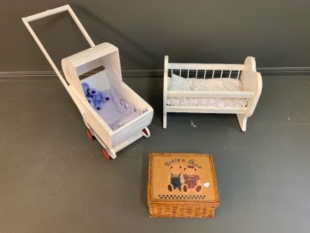 Vintage Timber Dolls Pram and Cot + Teddy Bear Box