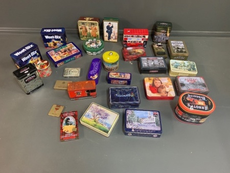 Large Box Lot of Asstd Tins inc. Arnotts, Weet-Bix Etc