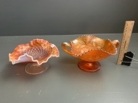 2 Handled Marigold Carnival Glass Bob Bon Dish - Base Repaired + Ruffle Edged Carival Glass Bowl with Milk Glass Exterior