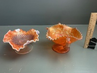 2 Handled Marigold Carnival Glass Bob Bon Dish - Base Repaired + Ruffle Edged Carival Glass Bowl with Milk Glass Exterior - 2