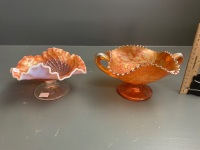 2 Handled Marigold Carnival Glass Bob Bon Dish - Base Repaired + Ruffle Edged Carival Glass Bowl with Milk Glass Exterior - 3