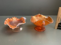 2 Handled Marigold Carnival Glass Bob Bon Dish - Base Repaired + Ruffle Edged Carival Glass Bowl with Milk Glass Exterior - 4