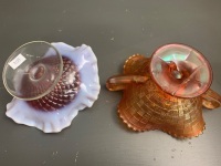 2 Handled Marigold Carnival Glass Bob Bon Dish - Base Repaired + Ruffle Edged Carival Glass Bowl with Milk Glass Exterior - 5