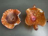 2 Handled Marigold Carnival Glass Bob Bon Dish - Base Repaired + Ruffle Edged Carival Glass Bowl with Milk Glass Exterior - 7