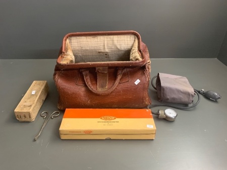 Vintage Leather Medical Bag and Medical Instruments