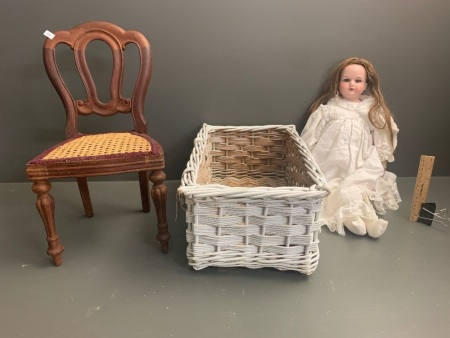 Antique German Armand Marseille Ceramic Doll with Articualted Leather Body & Legs + Dolls Chair in White Basket