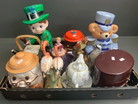 Asstd Box Lot of Ceramics inc.Cookie Jars, Ornaments, Tea Pots Etc