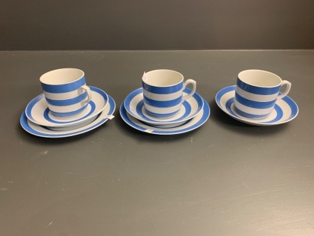 2 x Vintage T.G.Green Cornishware Trios + Another Cup & Saucer