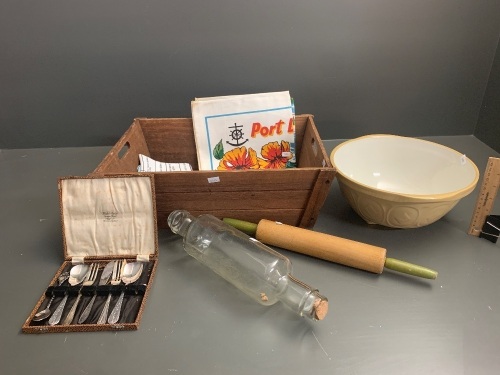 Asstd Kitchenalia Lot inc. Greens Mixing Bowl, Glass & Timber Rolling Pins, Tea Towels + Boxed Cutlery