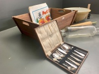 Asstd Kitchenalia Lot inc. Greens Mixing Bowl, Glass & Timber Rolling Pins, Tea Towels + Boxed Cutlery - 2