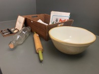 Asstd Kitchenalia Lot inc. Greens Mixing Bowl, Glass & Timber Rolling Pins, Tea Towels + Boxed Cutlery - 3