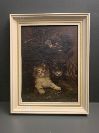 Vintage Framed Oil on Canvas 3 Kittens Signed I.H.M. 1919