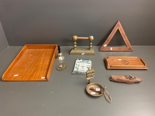 Asstd Lot of Bric-a-Brac inc. Cribbage Board, Brass Items, Letter Tray etc