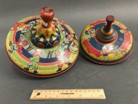 2 Vintage Tin Spinning Tops in GWO