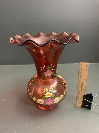 Vintage Hand Painted Cranberry Glass Vase