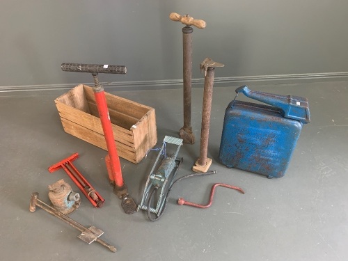 Timber Crate of Old Tools inc Pumps + Blue Jerry Can