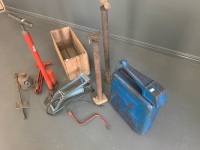 Timber Crate of Old Tools inc Pumps + Blue Jerry Can - 2