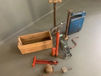 Timber Crate of Old Tools inc Pumps + Blue Jerry Can - 3