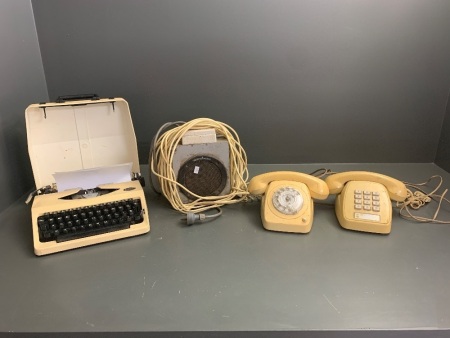 Asstd Lot inc. Vintage Typewriter, 2 Phones, Speaker Etc
