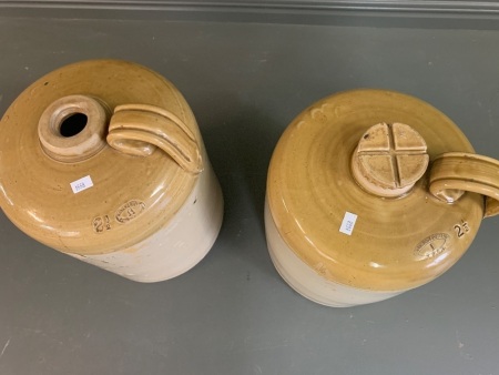 Pair of Antique Salt Glazed 2.5 Gallon Demi-Johns from Govancroft Pottery Glasgow - 1 Lid Missing