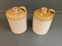 Pair of Antique Salt Glazed 2.5 Gallon Demi-Johns from Govancroft Pottery Glasgow - 1 Lid Missing - 2